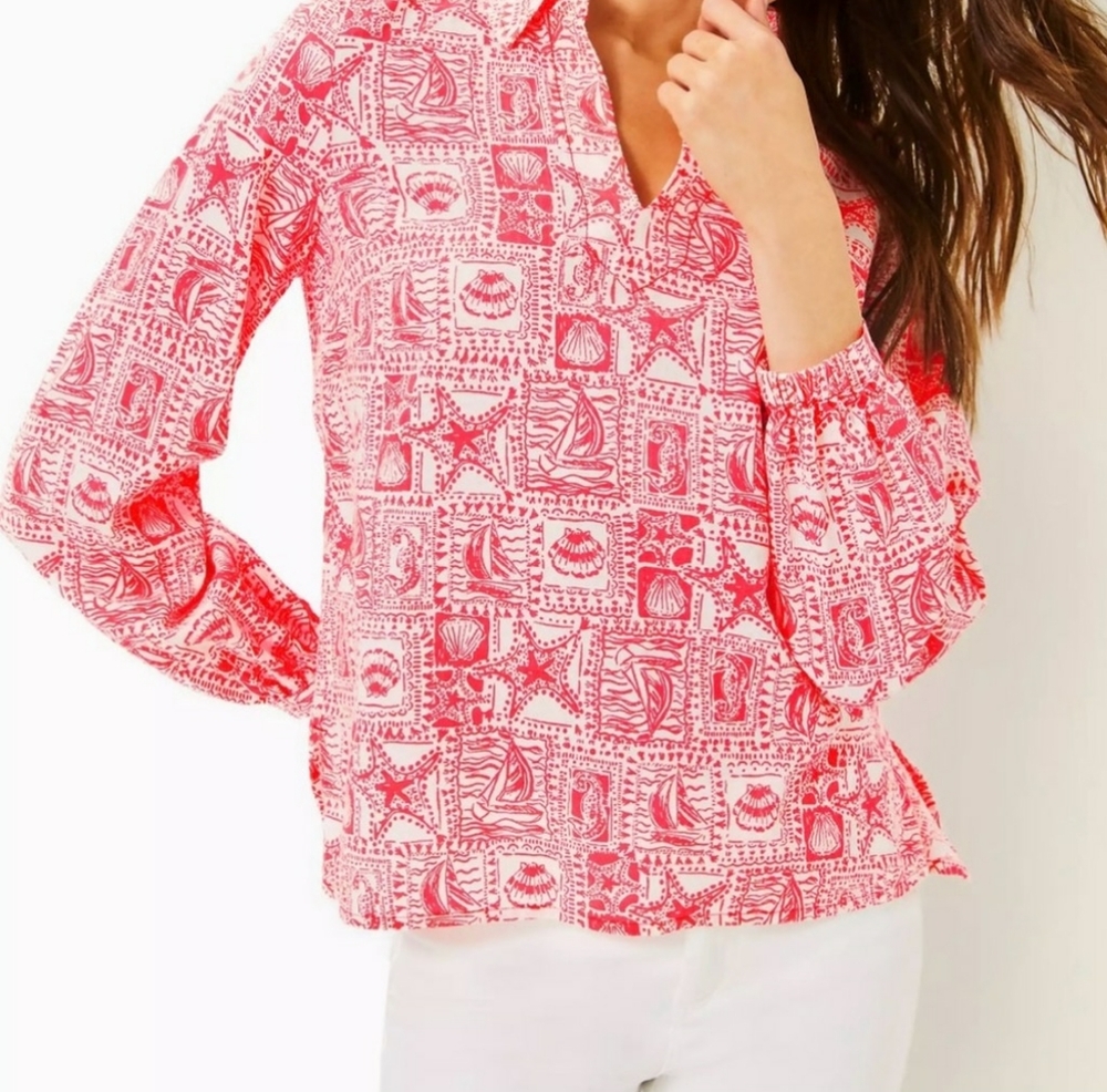 NWT Lilly Pulitzer Orange and White Patterned Button Down Shirt Size XL.